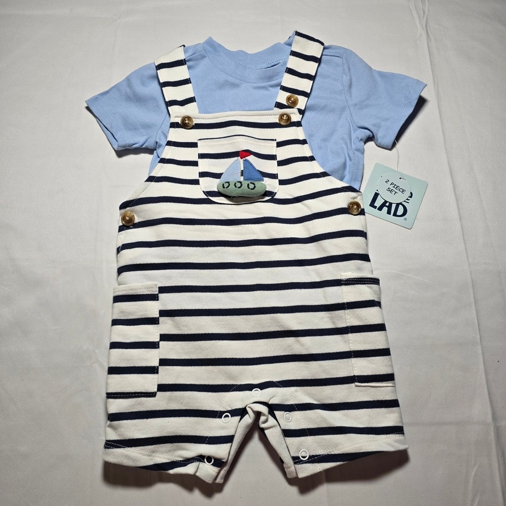 Little LAD Baby Boys 18M  Blue T-Shirt Striped Sailboat Shortall Overalls NWT